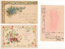 3 db RÉGI (1905 előtti) virágos litho dombornyomott üdvözlőlap / 3 pre-1905 Emb. floral litho greeting cards