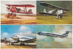 12 db MODERN motívum képeslap: MALÉV (Magyar Légiközlekedés Vállalat) repülőgépek, Bánfalvy Ákos szi...