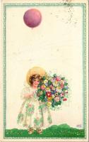 1921 Girl with balloon and flowers. P.J.G.W.I. Nr. 506-1. s: August Patek