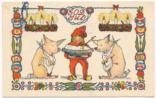 God Jul! Stenders Forlag / Dán újévi üdvözlet, törpe malacokkal / Danish New Year greeting, dwarf with pigs. Art Nouveau, litho s: N.i.S.