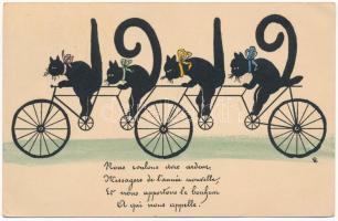 1919 Fekete macskák tandem kerékpáron. Újévi üdvözlet / New Year greeting, black cats on tandem bicycles. Art Nouveau (EK)