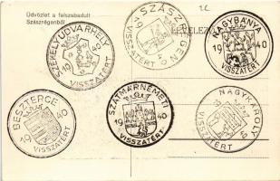 Szászrégen, Reghin; Üdvözlet a felszabadult Szászrégenből! Fő tér, autóbusz, automobilok, tömeg, üzl...