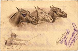 1903 Go on! Horse racing art postcard, jockey s: F. Lanza v. Casalanza (r)
