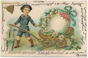 1906 Húsvéti üdvözlet. Dombornyomott szecessziós virágos litho / Eastrer greeting. Art Nouveau, floral, embossed litho