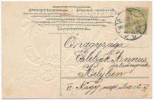 1906 Húsvéti üdvözlet. Dombornyomott szecessziós virágos litho / Eastrer greeting. Art Nouveau, flor...