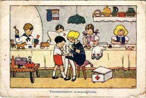 Vöröskeresztes munkadélután. A Magyar Ifjúsági Vöröskereszt Egyesület kiadása / Hungarian Red Cross propaganda art postcard s: K. B. (EB)