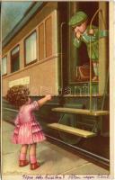 1931 Italian children art postcard, farewell at the railway station. No. 2572/3. s: A. Bertiglia (vágott / cut)