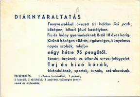 Bihar megyei diáknyaraltatás reklámja. Felvilágosítás: Budapest VII. Erzsébet körút 48. (EK)