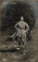 Unser Kronprinz / Wilhelm, German Crown Prince in hunting outfit with stag (EK)