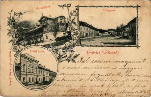 1904 Leibic, Leibicz, Leibitz, Lubica; Híd utca, Kénfürdő télen, Sas szálloda. Fábry Gusztáv kiadása / Brückgasse, Schwefelbad, Hotel Adler / street view, hotel, sulfur spa, bath in winter. Art Nouveau, floral (Rb)