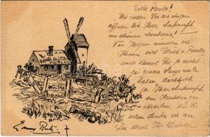 1911 Folklore art postcard, windmill