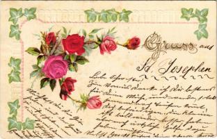 1901 Art Nouveau Emb. litho greeting card with silk flowers (kis szakadás / small tear)