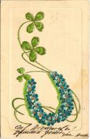 1906 Art Nouveau Emb. litho greeting card with clovers (fl)