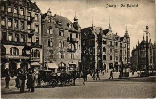 Gdansk, Danzig; Am Bahnhof, Norddeutscher-Hof Hotel, Constantin Cigaretten, Cigarren, Hotel Reichs-Hof / railway station, hotels, cigars and cigarettes shop (EK)