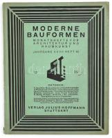 1928 Moderne Bauformen. Monatsheft für Architektur und Raumkunst. Jahrgang XXVII Heft 10. Stuttgart, 1928, Julius Hoffmann, 377-420 p. + 4 (színes) t. + 20 p. Fekete-fehér fotókkal gazdagon illusztrált. Német nyelven. Kiadói papírkötés, a borítón sérüléssel.