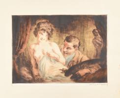 Prihoda István (1891-1956): Női akt (szerelmesek). Színezett rézkarc, papír, jelzett, paszpartuban, 27×38 cm