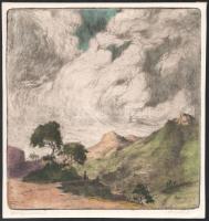 Bajor Ágost (1892-1958): Montagna siciliana. Színezett rézkarc, papír, jelzett, 22×22 cm