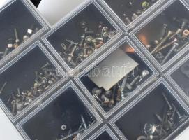 1 db ezermester dobozban csavarok, facsavarok, tiplik, csigafúrók, menetfúrók, forrasztó eszközök, s...