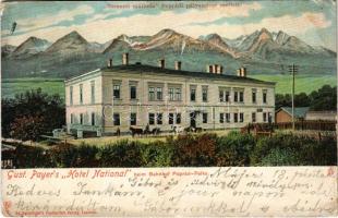 1907 Poprád (Tátra, Magas-Tátra, Vysoké Tatry); Payer Gusztáv féle Nemzeti szálloda, kávéház és étterem a Poprád-Felka pályaudvar és a villamos vasútállomás mellett. Ed. Feitzinger / Payer&#039;s Hotel National beim Bahnhof &quot;Poprád-Felka&quot; / hotel, café, restaurant near the railway station and tram station of Poprad-Velká (ázott sarok / wet corner)