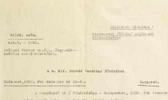 1938 M. Kir. Honvéd Vezérkar Főnökének szóló, Szálasi Ferenc. (1897-1946) ny. áll. őrnagy, politikus...