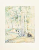 Olvashatatlan jelzéssel: Piknik a szabadban, 1945. Akvarell, papír. Paszpartuban. Lapon apró foltokkal. 31,5x25,5 cm.