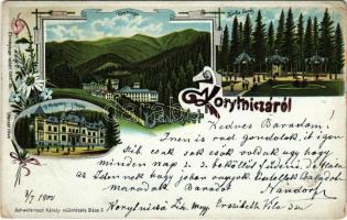 1900 Koritnyica, Korytnica; Zsófia forrás, Új gyógyház Hygiea / spring source, spa, bath, villa. Schwidernoch Károly Art Nouveau, floral, litho (b)