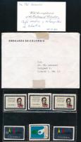 Kolumbiai nagykövet névjegykártyája és borítéka, rajta Losonci Pál politikus nevével, valamint 6 db fém kolumbiai levélzáró