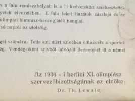 1936 Berlini Olimpia. Az olimpiai falu magyar sportolói részére adott üdvözlő nyomtatvány magyar nye...