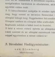 1936 Berlini Olimpia. Az olimpiai falu magyar sportolói részére adott üdvözlő nyomtatvány magyar nye...