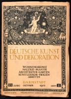 1912 Deutsche Kunst und Dekoration. XVI. Jahrgang. Heft 1. 1912. Október. Darmstadt, 1912, Alexander Koch. Német nyelven. Nagyon gazdag kép- és reklámanyaggal illusztrált. Kiadói illusztrált papírkötés, kissé szakadt borítóval és gerinccel.