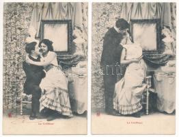 Le Coiffeur - 6 db RÉGI (1905 előtti) romantikus motívum képeslap: szerelmes páros sorozat / 6 pre-1...