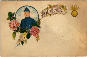 Souvenir / French military art postcard, soldier. Art Nouveau, floral (szakadás / tear)