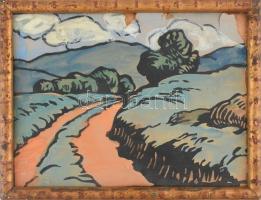 Kádár Béla (1877-1956): Táj. Akvarell, papír, jelzés nélkül, hátoldalán a Művészház 1912. évi töredékes kiállítási raglapjával. Művészház nyereményjátékán elnyert alkotás. Fakeretben. 24×32 cm