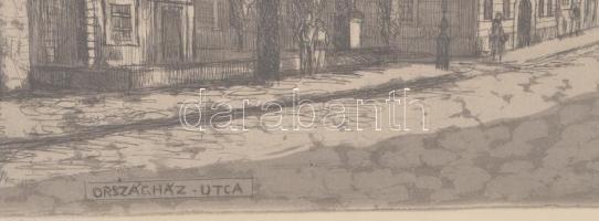 Élesdy István (1912-1987): Országház utca, Buda. Rézkarc, papír, jelzett, dekoratív üvegezett fakere...