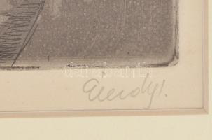 Élesdy István (1912-1987): Országház utca, Buda. Rézkarc, papír, jelzett, dekoratív üvegezett fakere...