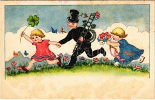 Children art postcard with chimney sweeper and clover. ERIKA Nr. 3476. (fl)