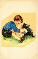 Children art postcard with boy and cat. Cecami N. 1035.