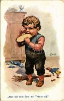 1907 Wer nie sein Brot mit Tränen aß / Children art postcard, crying s: Moos (EK)