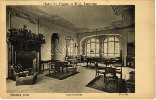 Lucerne, Luzern; Hotel du Cygne et Rigi, Fumoir / Rauchzimmer / hotel, smoking room with pool table, interior