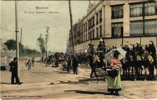 1905 Belfort, Le Quai Vauban, Dragons / French military, dragoons on the street (Rb)