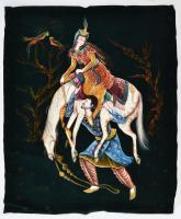 Jelenet lóval, perzsa, kézzel festett kép applikációkkal, bársony, XX.sz. vége, jelzett, 94x72 cm
