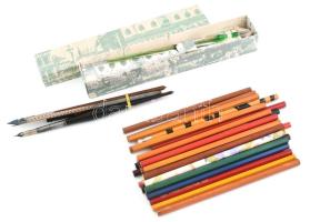 Írószer tétel, 36 db: Üveg tollszár, üveg heggyel (szépen ír), kartondobozban; 2 db régi íróvessző, 3 db tollszár heggyel, 30 db ceruza.