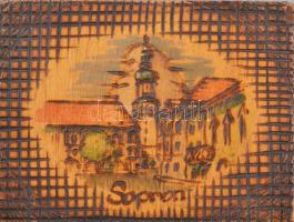 Sopron város képes faragott fa doboz, kézzel festett, kopott, 9x12 cm