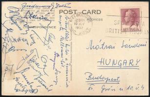 1957 Az FTC labdarúgó csapata által küldött autográf képeslap ausztráliai túrájukról / Hungarian football team FTC players autograph postcard. Mátrai, Fenyvesi, Vilezsál, Friedmann, Szigeti, Mészáros, Dallos, Dékány.