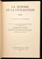 Lukács, Georges: La Hongrie et la civilisation. Vie sociale et économique. Paris, 1929, La Renaissance du Livre, 230+(2) p. Francia nyelven. Oldalszámozáson kívül fekete-fehér képtáblákkal. A könyvdíszek és iniciálék Reiter László munkái. Aranyozott gerincű egészvászon-kötésben, jó állapotban.