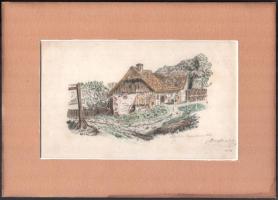 Pauline Brandtner jelzéssel: Vidéki ház, 1856. Akvarell, ceruza, papír, paszpartuban. 15x25 cm