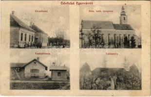 1912 Egervár (Zala), utca, Római katolikus templom, vasútállomás, várkastély (Rb)