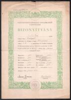 cca 1910-1943 14 db vegyes okmány tétel: bizonyítványok (Kisszállási Uradalom Rt.; X. ker zeneconcer...