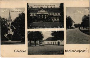 1922 Sopronhorpács, Római katolikus templom, utca, Gróf Széchenyi Dénes kastélya. Dewald (szakadás / tear)