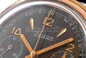 Zédon kronográfos, stopperes kézi felhúzós karóra, fekete számlappal, aranyozott indexekkel és tokka...